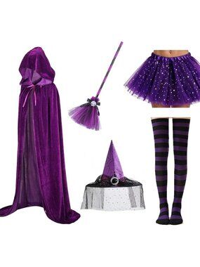 Women's Purple Halloween Witch Costume Accessories Set Cosplay